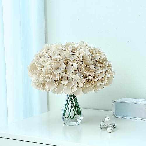 10Pcs Hydrangea Artificial Flowers Beige Heads Fake Silk Flowers Full Silk Flowers with Stems Wedding Home Party Shop Baby Shower Decor - color: 10pcs Beige, size: Large