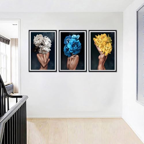 Flower Head Woman Canvas Wall Art Sexy Women Nude Posters Wall Decor Girls with Colorful Flowers Prints Artwork for Living Room Bedroom Bathroom Hotel Framed Ready to Hang 24x36inchx3pcs - color: Art01, size: 24x36x3Pcs Black Framed