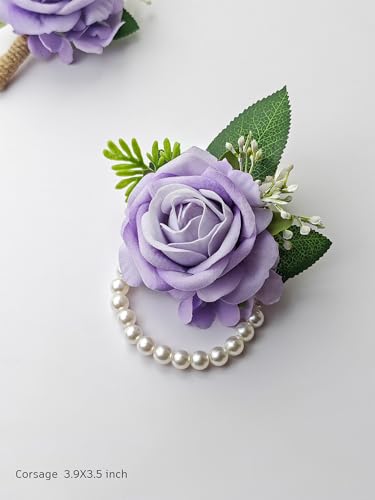 Purple Rose Corsage and Boutonniere Set Wristlet Corsage for Bride Bridesmaids, Boutonniere for Groom Groomsmen Prom Wedding Flowers Accessories,Homecoming, Anniversary, Graduation (Purple) - color: Purple