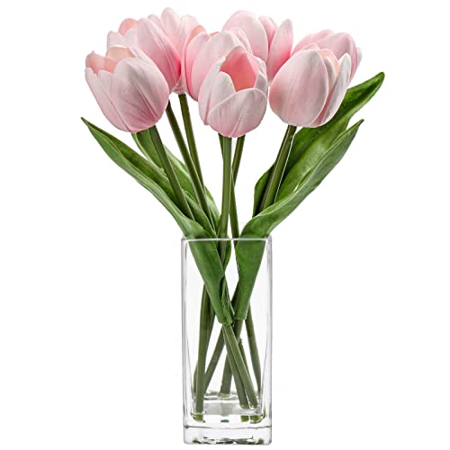 Briful Fake Flowers Artificial Tulip Flower Pink in Clear Vase, Real Touch Foam Tulip Arrangement Suitable for Home Office Decoration, Dining Table Centerpiece - color: Pink