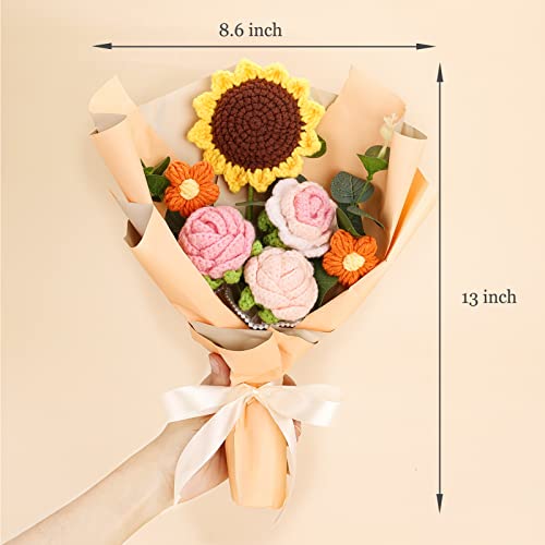 Omldggr Completed Crochet Flower Bouquet, Orange Handmade Knitted Bouquet, Crochet Bouquet Kit Knitted Fake Sunflower Rose Daisy for Valentines Day Mother's Day Birthday Wedding Decor Mom Gift - color: Orange-rose+sunflower