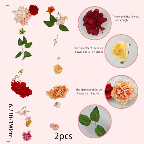 CITYES 2 Pcs Flower Garland for Backdrop Faux Silk Wildflower Garland Floral Vines 6ft Artificial Hanging Flowers Garlands Decorations for Home Garden Spring Summer Wedding Party Arch Wall Fall Decor - color: 2 Pcs-12 Ft