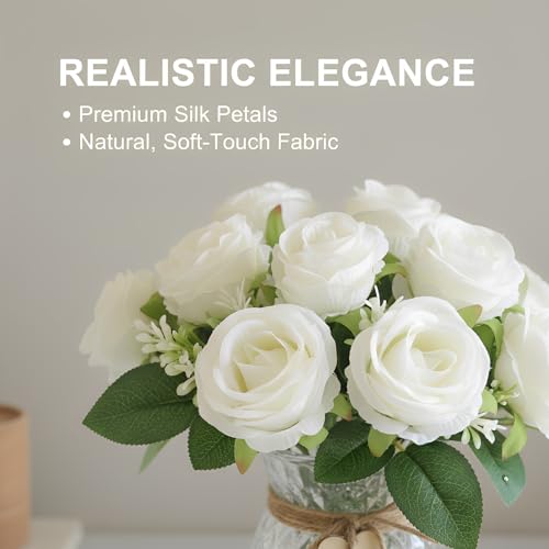 Faux Flowers in Vase, 18 Pcs Fake Rose Flowers, Artificial Flowers for Home Decor, Indoor Centerpiece for Living Room & Dining Table - White - color: White Rose