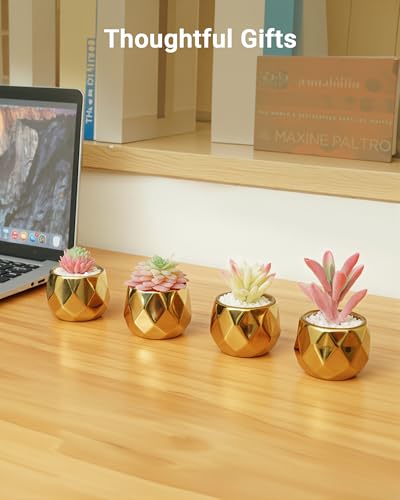 VIVERIE Mini Succulents Plants Artificial in Pots-Pink with Golden Ceramic, Christmas Small Fake Succulents Plants for Home Decor Indoor for Women, Set of 4, Gifts for Mom - color: Golden-4 Pack