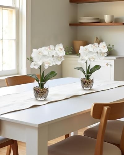 White Orchids Artificial Flowers with Vase, Small Faux Orchid Arrangement Set of 2 Fake Flowers in Glass Vases Small White Centerpieces for Kitchen Dining Room Tables Bathroom Nightstand Shelf Decor - color: White # Clear#2 Packs