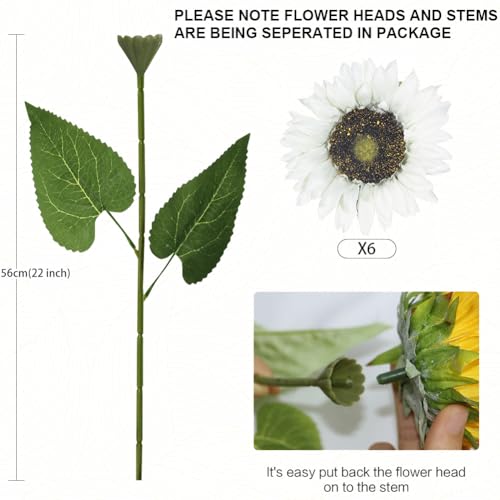 Olrla Long Stem Artificial Sunflower 6pcs, White Fake Sun Flowers Single Stem for Table Centerpiece, DIY Arrangement,Vintage Cottage Decor (NO VASE) - color: White Long Stem