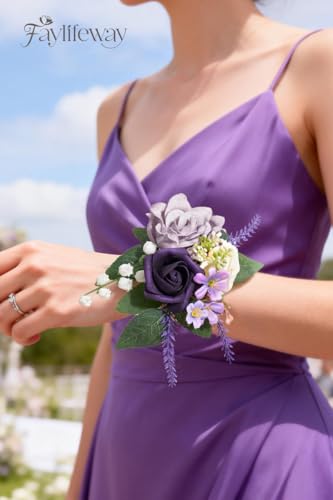 Rose Purple Wrist Corsage for Wedding Prom, Handmade Artificial Flower Corsage Bracelets for Bride,Bridesmaid,Mother,Porm Corsage for Homecoming,Party Anniversary(Set of 2) - color: Purple, size: 2 Wrist Corsages
