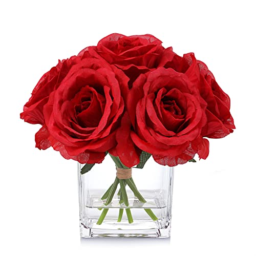 Red Roses Silk Flowers in Vase with Fake Water, Artificial Rose with Vase for Home Decor Indoor, Wedding Table (Red) - color: Red