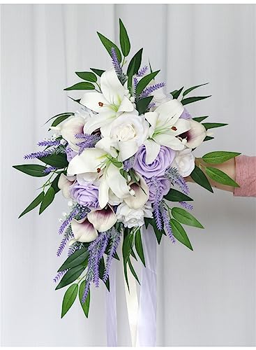 Wedding Bouquet for Bride, White Calla Lily Purple Rose Water Drop Waterfall Romantic Wedding Bouquets Flowers Cascading Bridal Bouquets for Wedding Ceremony and Anniversary Party Home Decor, C - color: Calla Lily Bouquet C