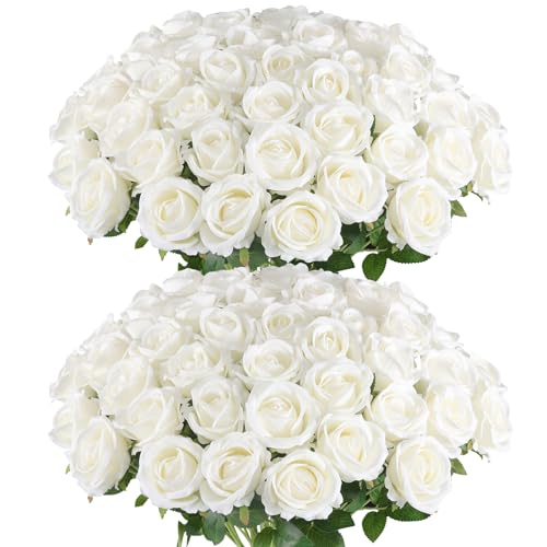 Hananona 50 Pcs Artificial Roses in Bulk, Fake Velvet Silk Roses Realistic Rose for Wedding Centerpieces Flower Arrangement Home Decor (50, White) - color: White