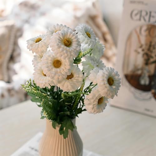 Artificial Mums, Outdoors Faux Fall Flowers Plants for Autumn Home Decor, 10 Bundles Natural Texture Daisy UV Resistant Indoor Festival Decoration for Wedding, Yard, Patio, Porch...(White) - color: White