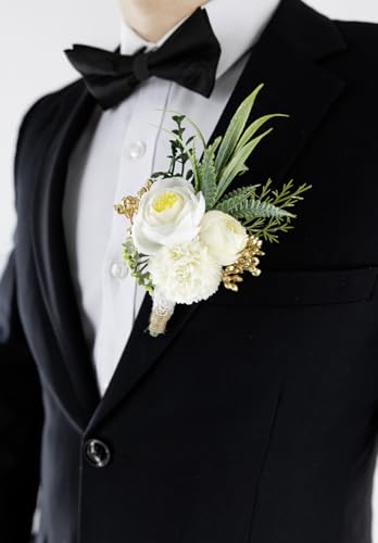 Ansofi Ivory White Corsage and Boutonniere Set Artificial Rose Flower Wrist Corsage and Boutineers for Groom Groomsmen Bride Bridesmaids Prom Rustic Vintage Wedding Decor - color: Ivory White