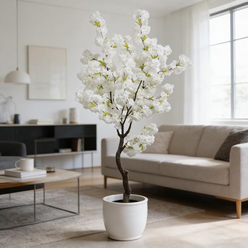 BINCUE Artificial White Cherry Blossom Tree Fake Tree Cherry Blossom Decor Fake Flowers Faux Flowering Tree White Flowers Floral for Indoor Outdoor Room Home Decor Spring Gift 6FT - color: White-04ap
