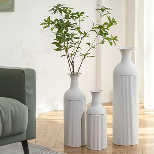 Sziqiqi White Tall Floor Vase: Large Ribbed Metal Vases 27/20/16in for Living Room, Modern for Pampas Grass, Oversized Standing Vase for Fireplace, Home Corner, Hallway, Office - color: White