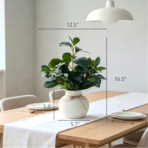 16.5'' Artificial Ficus Branch Arrangement, Real Looking Faux Plant with Glossy Green Oval Leaves, White Ceramic Vase with Rope Accent and Pebbles for Table Entryway Indoor Decor - color: Ficus Plant