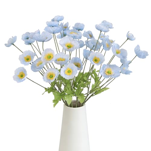 10 Pcs Blue Artificial Poppy Flowers with 40 Heads Lifelike Silk Fake Poppies for Vase Faux Poppies with Stem for Spring Wedding Home Table Centerpiece Baby Shower Veterans Day Decor (Blue) - color: Light Blue