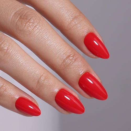 32Pcs Soft Gel Press on Nails for Women, Bright Red, Short Almond | Solid Color Glossy False Fake Nails Press Ons for Office Daily Wear, Salon Quality Reusable Glue & Stick on Nail Gift Kit - color: 3G-Bright Red
