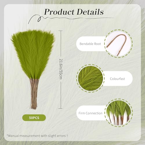 50pcs Grass Green Pampas Grass 21.6 Inch Non-Shedding Faux Pampas for Modern Neutral Home, Boho Wedding and Cream Tone Vase Arrangements - color: Grass Green