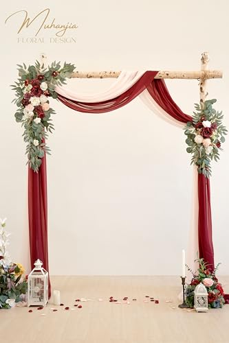 Muhanjia Artificial Wedding Arch Flowers Kit(Pack of 4),2Pcs Artificial Flower Arch Decor, 2Pcs Chiffon Fabric Drapes, Ceremony Decoration, Floral Outdoor Party Decor (Burgundy & Blush) - color: Burgundy & Blush