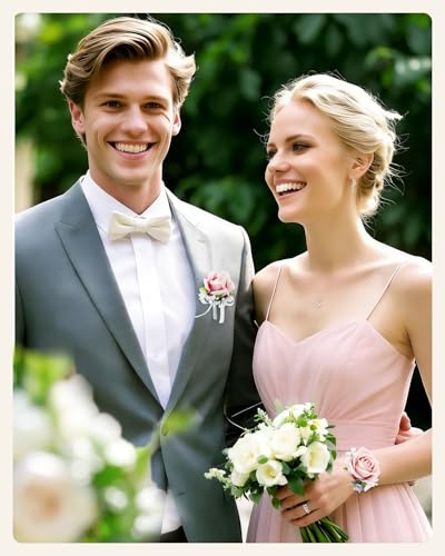 eZAKKA Wristlet Corsage and Boutonniere Set, Pink Rose Boutonniere for Men, Flower Wrist Corsage Bracelets Decorations for Wedding Party Prom Suit, 2 Pcs - color: Pink