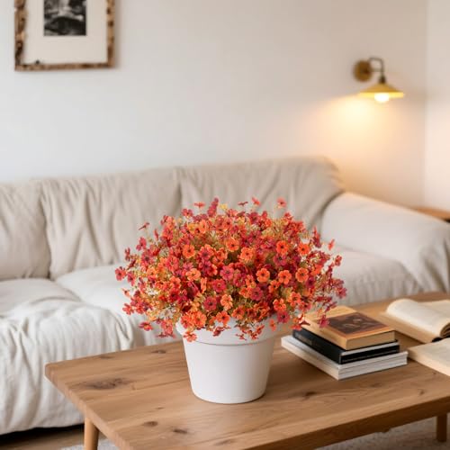12 Bundles Fake Mums Fall Flowers Artificial for Outdoors Decoration Artificial Mums Faux Plants Daisy for Outdoor Outside Planters UV Resistant Violets for Fall Decor Home Porch Door Front Patio Yard - color: Z1-orange, Autumn Red