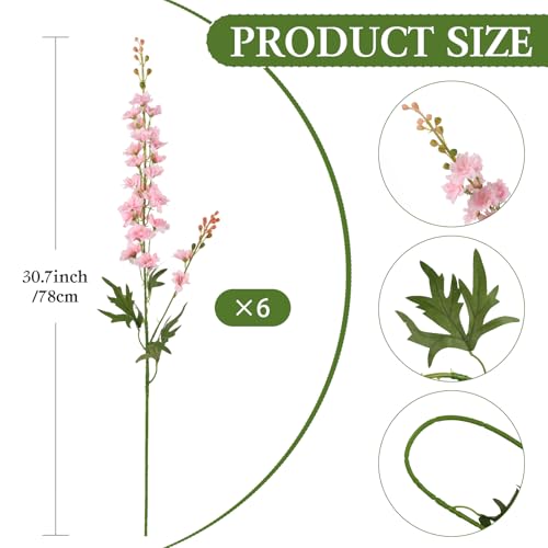 6 PCS Pink Delphinium Artificial Flowers, Long Stem Artificial Flowers with Bendable Stems, Silk Larkspur for Tall Vase Home Garden Wedding Table Decor - color: Pink