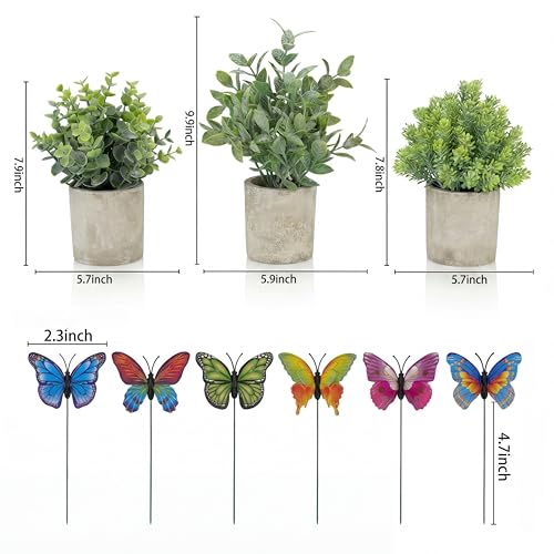3 Pack Mini Artificial Potted Plants – Fake Eucalyptus, Boxwood & Rosemary with 6 Butterfly Stakes | Small Faux Plants for Shelf, Desk, Bathroom, Office & Farmhouse Home Decor