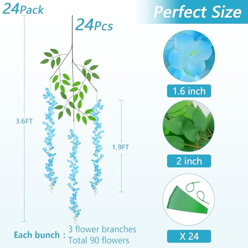 24Pcs Artificial Wisteria Hanging Flowers, 3.6Ft/Pcs Blue Fake Wisteria Garland for Wedding Party Home Garden Indoor Outdoor Decoration - color: Blue, size: 24Pcs