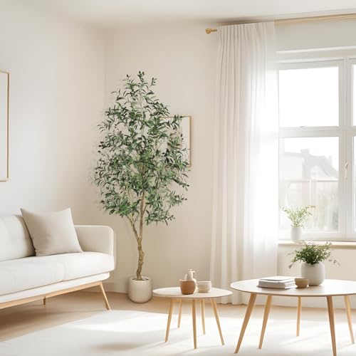 FEELEAD 7ft Olive Trees Artificial Indoor - Tall Faux Olive Tree 7 feet (84") with Pot, Fake Plants Natural Olive Branches and Realistic Leaves Olive Silk Tree for Home Office Decor - size: 7ft