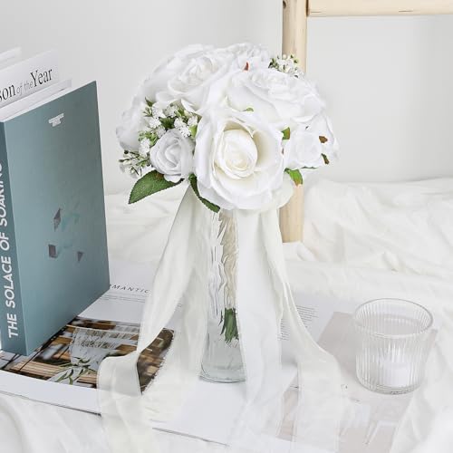 Wedding Bouquet for Bride - Premade Simple Artificial Roses Flowers for Bridal Shower Destination Ceremony Anniversary Decorations - White - color: White