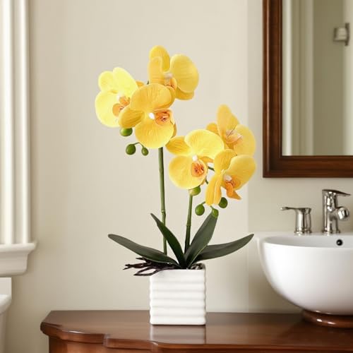 Artificial Orchids for Home Decor Indoor with Vase Orchids Artificial Flowers Yellow Orchid Height 14 inches - color: Yellow