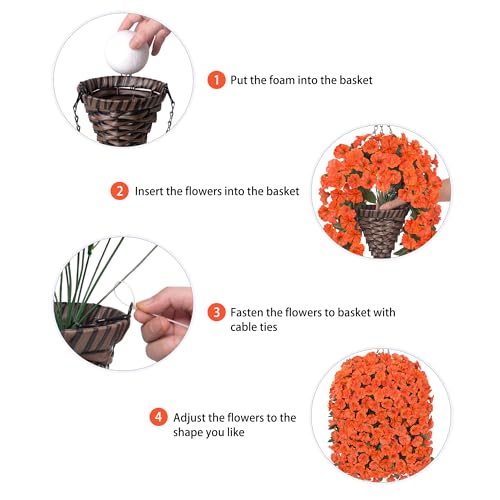 HyeFlora Artificial Fake Hanging Flowers Plants Baskets for Outdoor Decoration, Faux Silk Orange Morning Glory in Planter UV Resistant Look Real for Home Porch Patio Balcony Yard Decor - color: Orange Morning Glory
