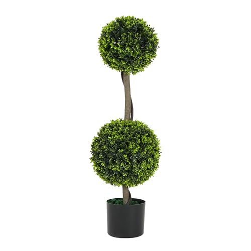 Christopher Knight Home Alene Set of 2 34''H Pre-Potted Artificial Tree Indoor, Artificial Topiary Boxwood Tree Double Ball with Pot, Faux Tree with Natural Wood Trunk with Black Plastic Pot, Green - color: Green/34''h