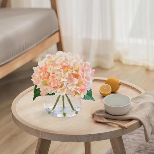Hydrangea Artificial Flowers in Glass Vase, Powder Silk Fake Flowers Silk Centerpiece Table Decorations for Dining Room， Coffee Table Decor，Wedding, Home with Faux Water Decor（Pink） - color: Pink
