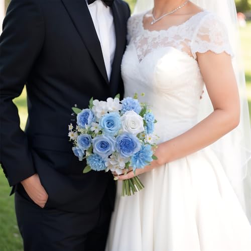 4 Pcs Mixed Artificial Flowers Set, Small Artificial Peony Bouquet Fake Rose Flower Silk Floral Arrangements for Table Centerpiece Home Wedding Party Bridal Decoration(Blue, 2 Bouquets & 2 Stems) - color: Blue & White, size: Mixed 4pcs