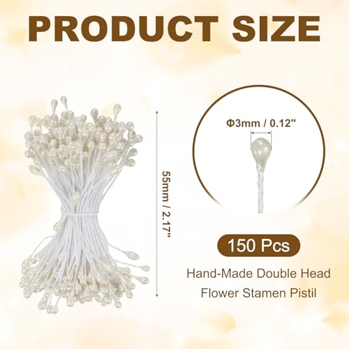 PATIKIL 3mm Double Heads Flower Stamen, 150 Pcs Artificial Flower Stamen Pistil Matt Pearl Floral Stamen for DIY Christmas Card Wedding Decoration, Cream White - color: Cream White