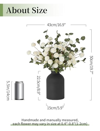 BLOSMON Fake Flowers in Vase for Centerpieces: Metal Vase with 12 Stems of Artificial Mums Kiku Flowers Eucalyptuses Dining Table Decor - White Faux Silk Pom Poms Floral Arrangements for Home Indoor - color: White
