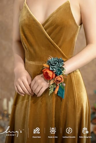 Ling's moment 2pcs Homecoming Wedding Wrist/Shoulder Corsage Artificial Flower, Girl/Mother Prom Corsage Wristlet Décor, etc. Dark Teal Orange - color: Or-dark Teal & Orange