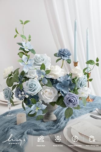 Ling's moment Fake Flowers Box, Faux Artificial Greenery Stems Foam Roses Silk Hydrangea Rose Leaf Fabic Flower for Centerpieces Bouquet Wedding Vase Decorations, Dusty Blue & White, Deluxe Combo - color: Blu-dusty Blue & White, size: Deluxe