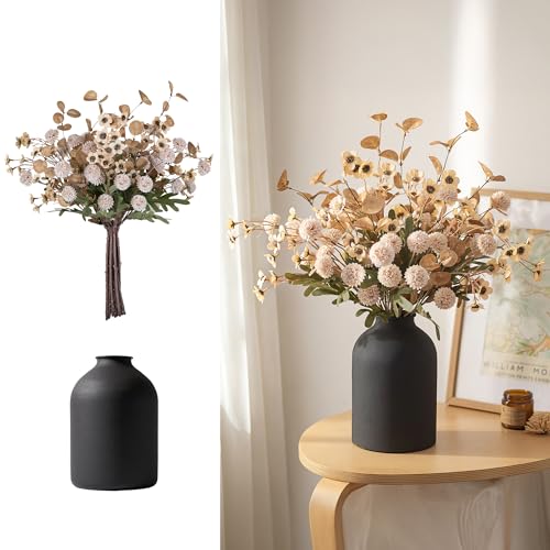 BLOSMON Beige Faux Flowers in Vase: Metal Vase with 12 Stems of Fake Mums Wax Eucalyptuses for Dining Table Centerpiece Decor - Artificial Silk Kiku Pom Poms Wild Farmhouse Floral Arrangements - color: Beige Wax + Kiku
