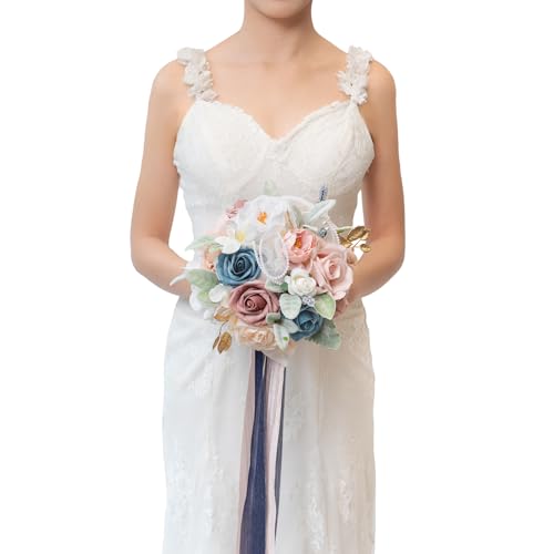 TINGE TIME 9 Inch Artificial Bridal Bouquet, Cascading Wedding Bouquet for Wedding Ceremony and Anniversary (Dusty Rose & Navy Blue) - color: Dusty Rose & Navy Blue