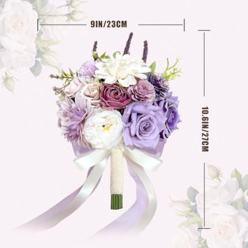 9 Inch Dusty Purple Wedding Bouquets for Bride Bridesmaid, Artificial Fake Lavender Purple Lilac Flowers Bridal Bouquet Spring Fall Boho Vintage Rustic Wedding Decoration Toss Bouquet Prom Anniversary - color: Lavender Purple Lilac