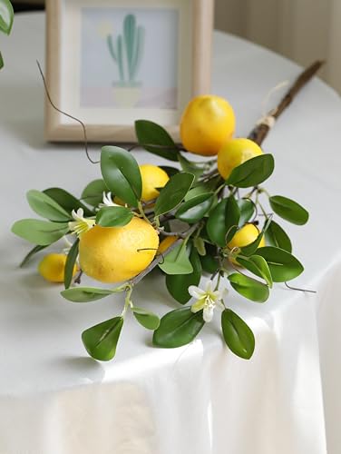 Laelfe Artificial Lemons Branches, 8 Head Faux Lemons with Stem Fake Lemon Themed for Kitchen Decoration Party Farmhouse Decor (Yellow) | Fake Lemon Stems, Summer Home Kitchen Decor, Farmhouse Party Decorations