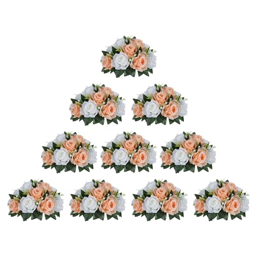 BLOSMON Flower Balls for Wedding Centerpieces: 10pcs 9.5 Inch Fake Rose | Peach Fuzz Kissing Balls Floral Arrangement for Table - Artificial Silk Bouquet with Base for Home Party DIY Decoration - color: Peach Fuzz & White