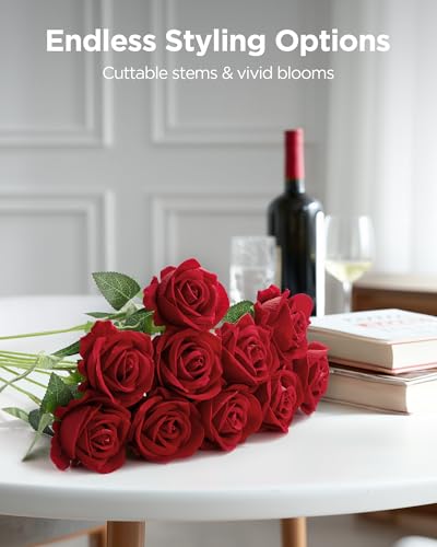 InnoGear 50 Pcs Red Roses Artificial Flowers, Fake Velvet Silk Rose Bulk Faux Flower for Mother's Gift Decoration DIY Wedding Centerpieces Proposal Bridal Bouquets Party Floral Decor (50, Red) - color: Red