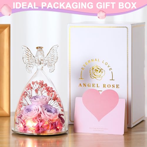 Mothers Day Mom Gifts for Women Preserved Flowers in Glass Angel Forever Flowers Gifts Eternal Roses Gifts for Grandma, PinkpurplePink - color: Pinkpurplepink