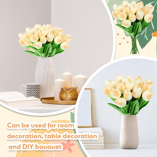 Jexine 100 Pcs Artificial Real Tulips Fake Artificial Tulip Flower Bulk Bouquet with Stem for Table Centerpieces Wedding Bridal Easter Mother's Day Garden Home Decor, 13.4''(Light Champagne) - color: Light Champagne