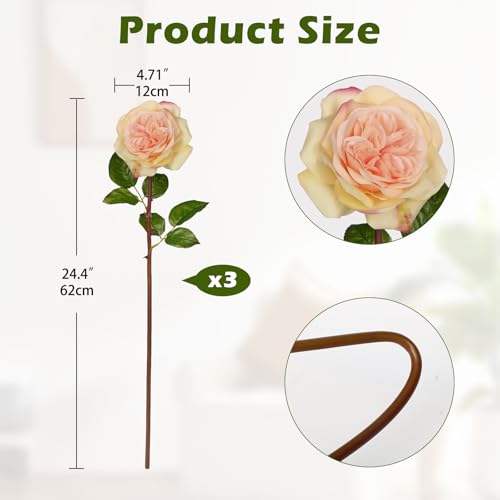 Artificial Roses - Set of 3 Long-Stem Real Touch Silk Roses, 24.4" Faux Flowers for Home Decor, Wedding Bouquets, Centerpieces & Floral Arrangements – Lifelike Peach Fake Roses - color: Peach