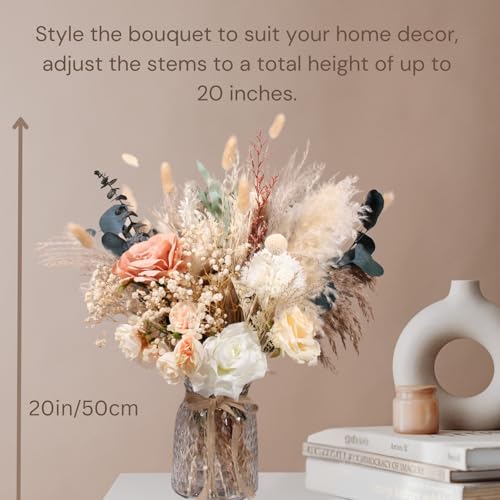 Luxury Floral Arrangement with Vase - Pampas Grass & Artificial Flowers for Kitchen Island, High End Centerpiece Decor, Coffee Table & Dining Table, Farmhouse Boho Home Decor with Dried Flowers - size: high end bouquet in vase