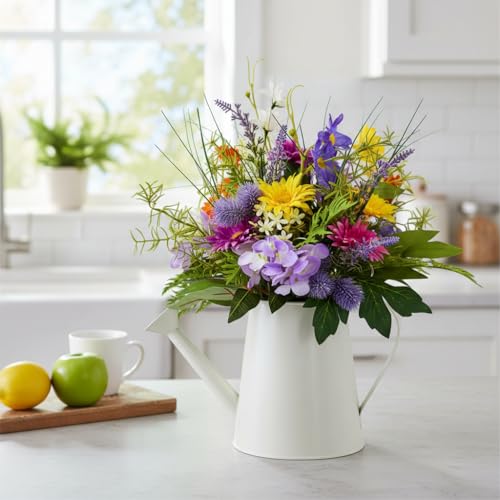 14 Inch Lighted Farmhouse Watering Can Centerpiece with Timer | Spring Summer Floral Arrangement with Daisies, Lavender, Orchids and 10 Warm LED Lights for Table Kitchen Decor